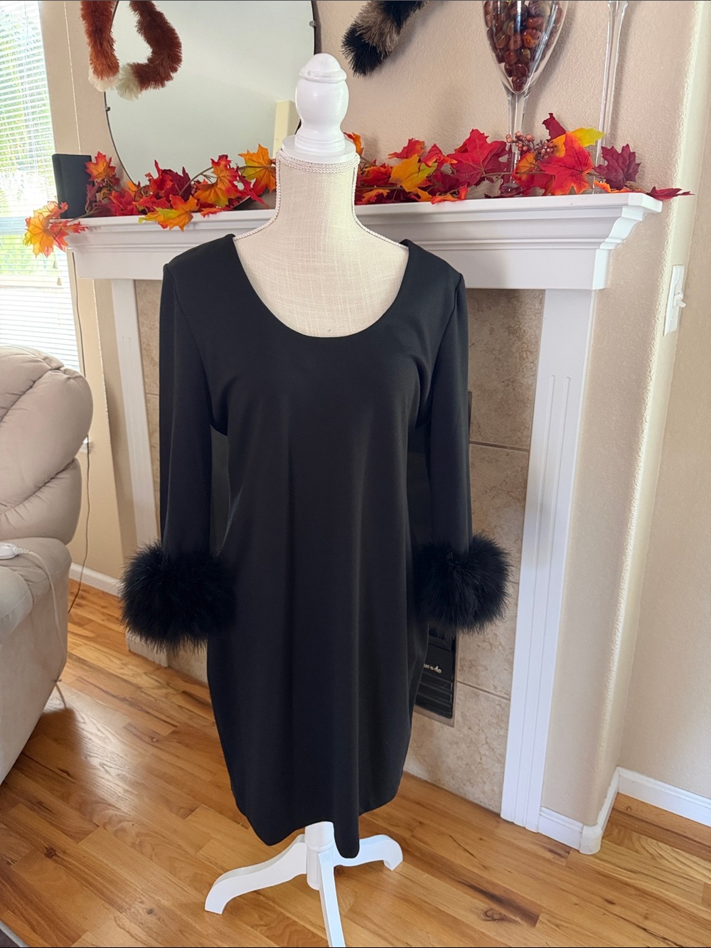 Calvin Klein Black Long Sleeve Dress with Faux-Fur Cuffs